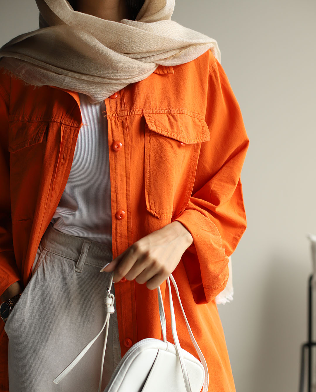 شومیز مانتویی دو جیب نارنجی TP - تصویر 5