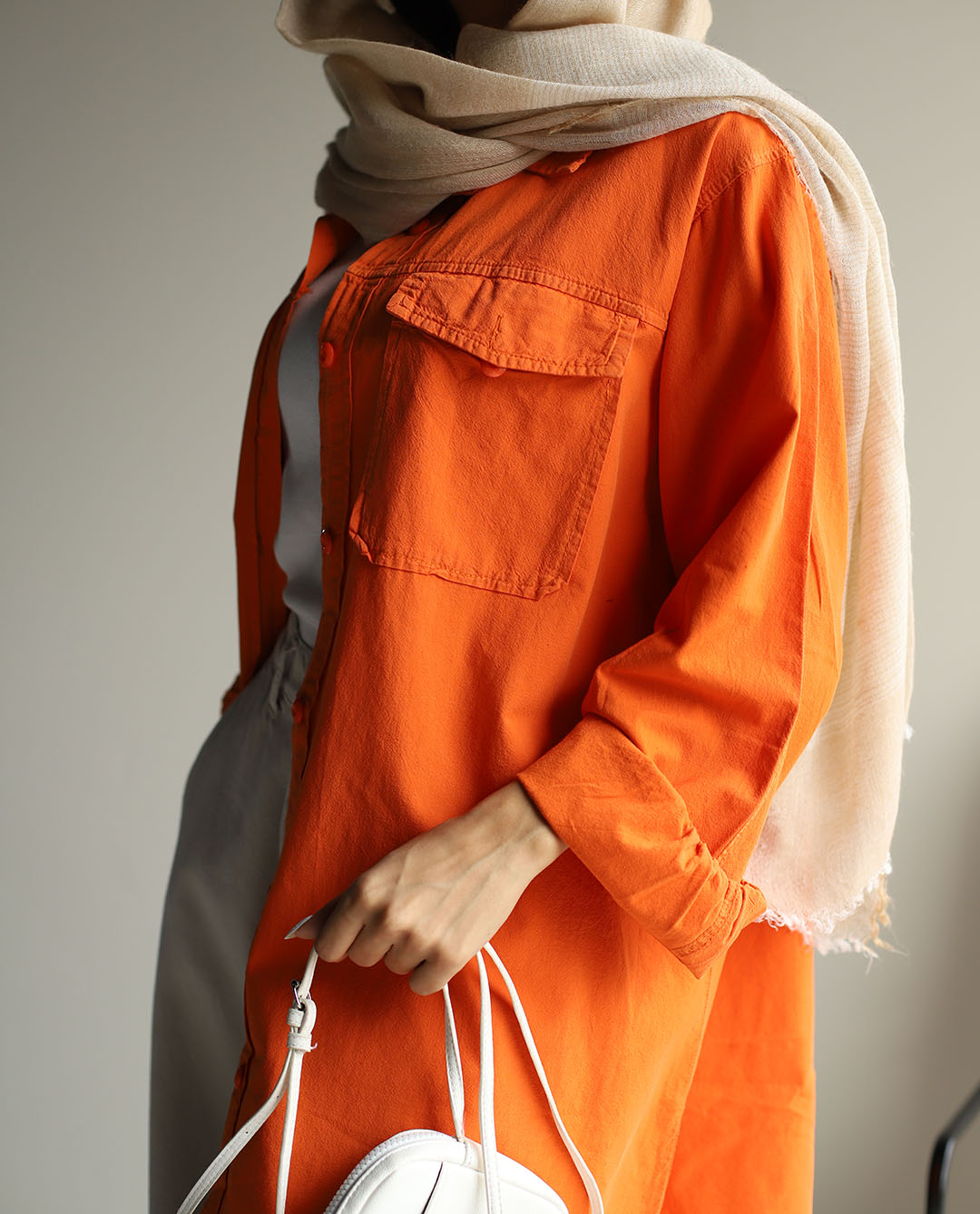 شومیز مانتویی دو جیب نارنجی TP - تصویر 4