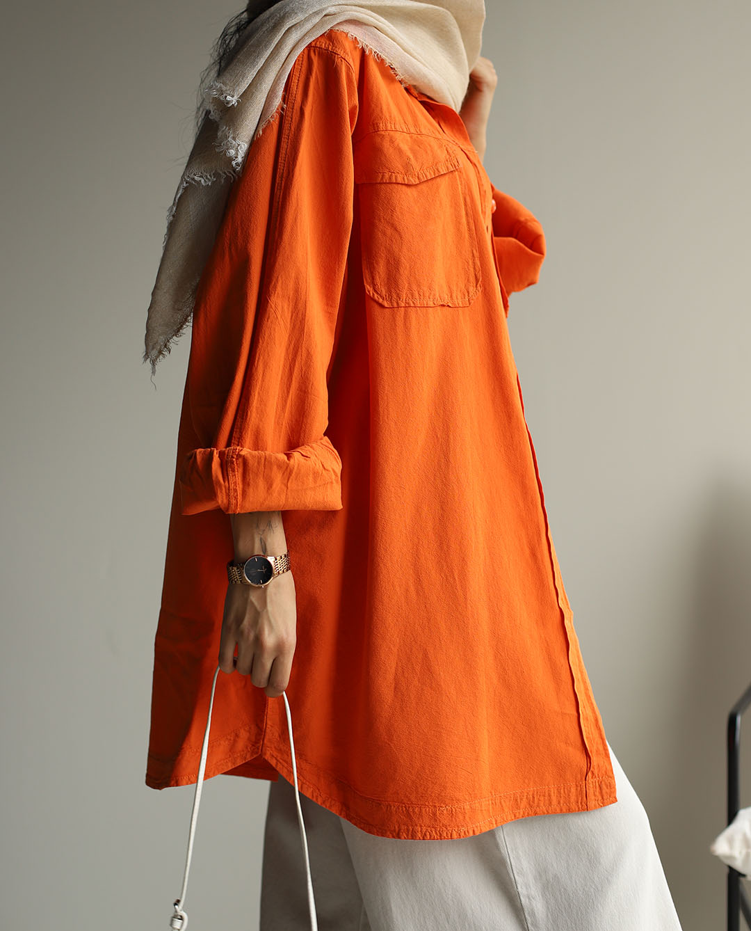 شومیز مانتویی دو جیب نارنجی TP - تصویر 3